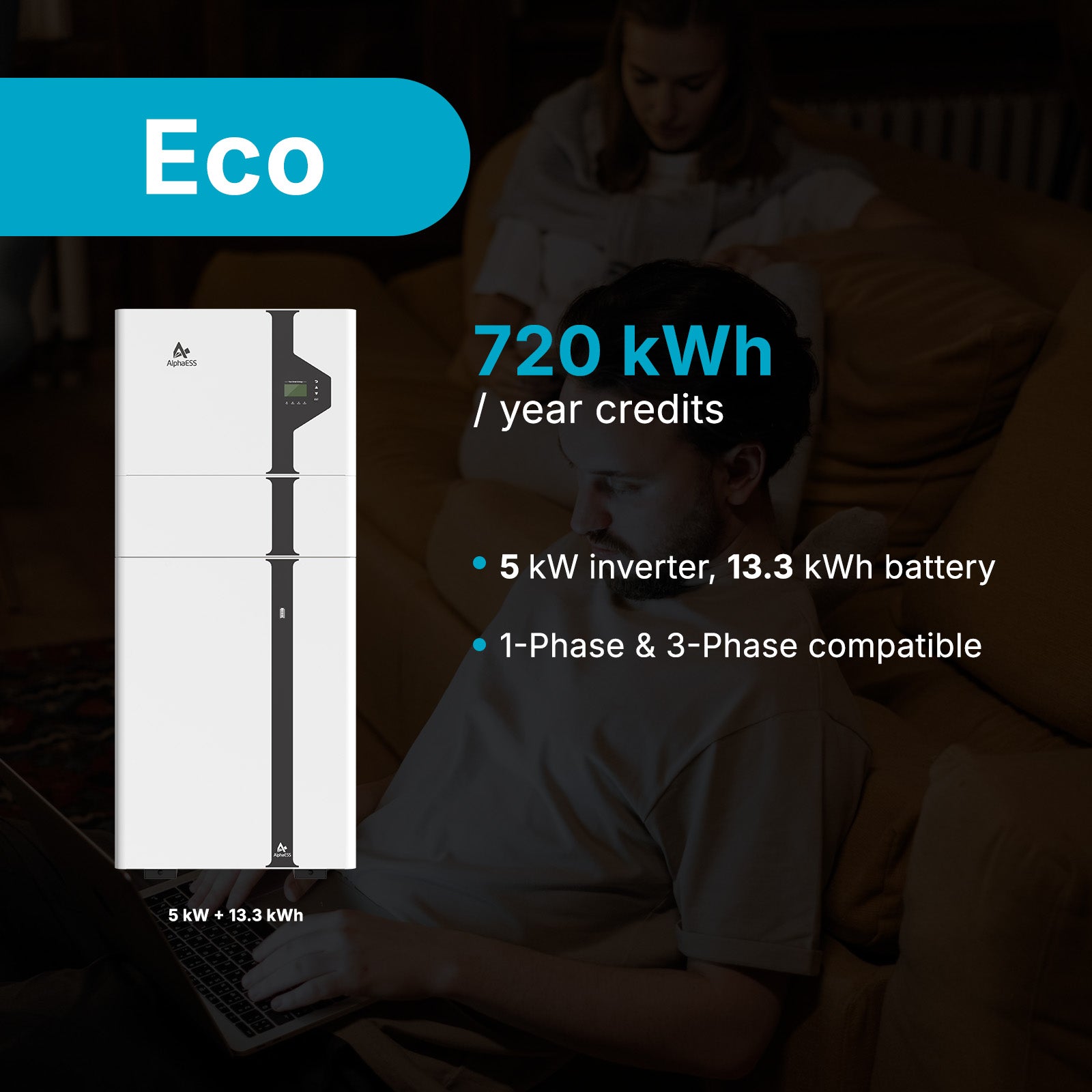 Eco Plan | AlphaESS SMILE 5 (5kW Inverter + Battery 13.3 kWh + Standard Installation)